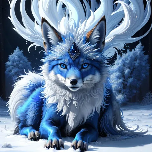 Prompt: (masterpiece, professional oil painting, epic digital art, best quality, highly detailed:1.5), extremely beautiful blue vixen ((fox)), (canine quadruped), female, adolescent, ice elemental, deep royal blue fur covered in frost, (bashful hypnotic sapphire blue eyes), 8k eyes, sprawled on frosted field, insanely beautiful, gorgeous billowing silver mane covered in frost, (plump:2), brightly glistening fur, thick silky glistening mane, by Anne Stokes, by Yuino Chiri, mid close up, detailed smiling face, finely detailed fur, hyper detailed fur, (soft silky insanely detailed fur), moonlight beaming through clouds, grassy field covered in frost, fluffy fox ears, highly detailed mouth, cool colors, beaming sun, professional, symmetric, golden ratio, unreal engine, depth, volumetric lighting, rich oil medium, (brilliant auroras), (ice storm), full body focus, beautifully detailed background, highly detailed defined furry legs, cinematic, 64K, UHD, intricate detail, high quality, high detail, masterpiece, intricate facial detail, high quality, detailed face, intricate quality, intricate eye detail, highly detailed, high resolution scan, intricate detailed, highly detailed face, very detailed, high resolution