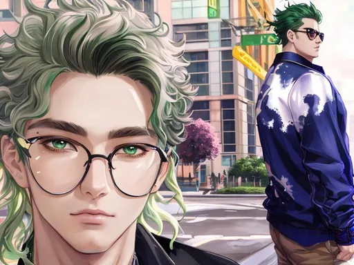 Prompt: illustration art, front, modern fashion, epic Instagram, artstation, hyperdetailed, unreal engine, modern anime anime style, complementary colors, 8k, deviantart masterpiece, oil painting, heavy strokes, young man, green curly hair, green pearl eyes, crossing his arms, collared shirt, tight sleeve shirt