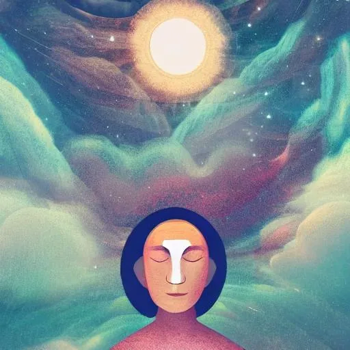 Prompt: portrait, eyes closed, meditation, journey, cosmic, cosmos, soul journey, soft colors, mike Willcox art, modern, minimalist, sky, 