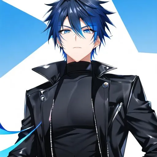 Prompt: Tetsu 1male. Short black with vibrant streaks of electric blue hair that gives off an eye-catching look. Soft and mesmerizing blue eyes. Wearing a black leather jacket with a dark gray t-shirt underneath that adds a subtle contrast to the outfit. Cool and edgy, black skinny jeans. 