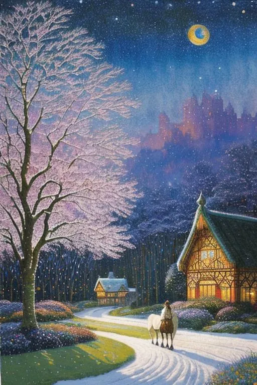 Prompt: Inlay Aubusson tapestry: a winter enchanted beautiful princess and her white horse, a whimsical village landscape background under a beautiful twilight night sky art by Jane Small, Edmund Dulac, Iris Scott, John Lowrie Morrison, Thomas Edwin Mostyn, Gustav Klimt, John Piper, William Timlin, John Bauer. 3/4 portrait, beautiful pastel aquarelle colours, crispy quality, cinematic smooth, polished finish, high quality, very clear resolution, blue, gold and rose tones, metallic glow