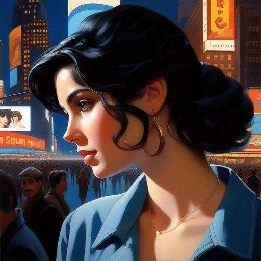 Prompt: Third person, gameplay, Italian-American girl, pale skin, black hair, brown eyes, 1980s, Times Square at night, cold blue atmosphere, cartoony style, extremely detailed painting by Greg Rutkowski and by Henry Justice Ford and by Steve Henderson 

