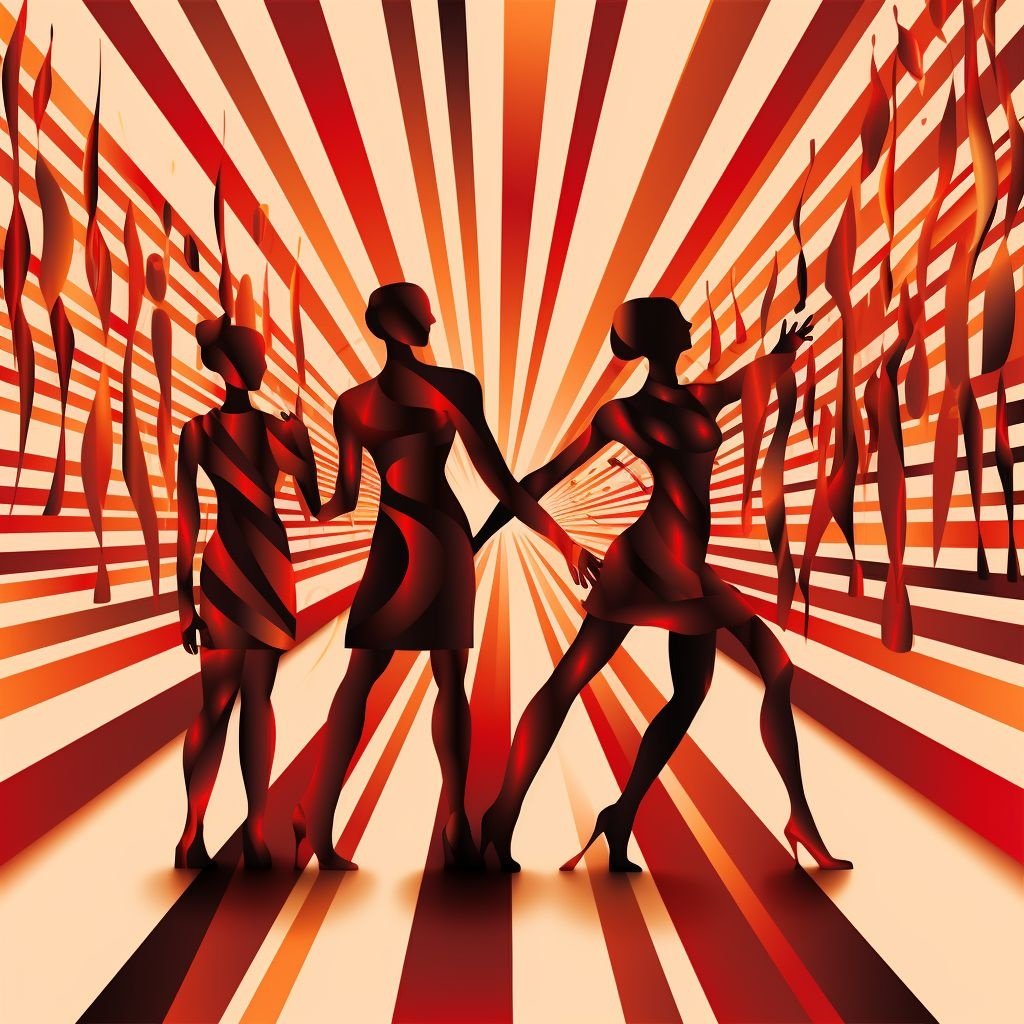 Prompt: silhouettes of people dancing, in the style of contemporary op art, light gold and red, striped arrangements, smooth and curved lines, memphis design, reflex reflections, historical illustration