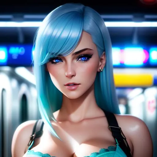 Prompt: Seductive girl with pastel lightblue hair and blue eyes in a subway, Highly Detailed, Hyperrealistic, sharp focus, Professional, sensual feminine, UHD, HDR, 8K, Render, HD, Trending on ArtStation, Front view, Canon, 24mm, Spotlight lighting