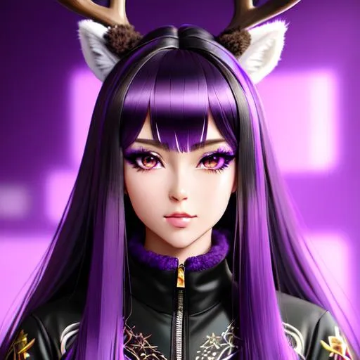 Prompt: Portrait painting of a beautiful woman, anime,  (long layered hyperdetailed purple hair), ((hyperdetailed realistic anime purple eyes)), (((hyperdetailed fuzzy black jacket))), ((((realistic detailed deer antlers on head)))), (((((black detailed knee high socks))))), perfect body, perfect anatomy, beauty, masterpiece, hyperdetailed full body, hyperdetailed feminine attractive face and nose, alluring smile, complete body view, ((((((hyperdetailed muscle))))))(((((((hyperdetailed eyes))))))), perfect body, perfect anatomy, beauty, sensual feminine romance, professional, sensual feminine, ultra-realistic, 3d lighting, perfect composition, unreal engine 8k octane, 3d lighting, UHD, HDR, 8K, render, HD