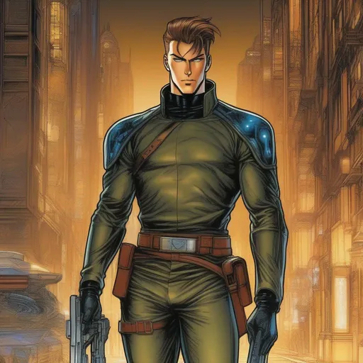 Prompt: A masculine scifi european cyborg soldier. very short bright brown slicked back pompadour undercut hair with shawed sides and light chestnut highlights, round face, broad cheeks, glowing eyes, wearing a black retro futuristic leather jackett with armour underneath, Ghost in the shell art. Masamune Shirow art. anime art. Leiji Matsumoto art. Akira art. Otomo art. 2d. 2d art.