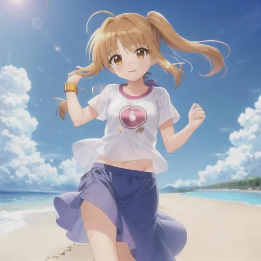 Prompt: A girl running on the sandy beach turns around and looks at you with a smile. She is about 9 years old, medium-long light brown hair. She wears a T-shirt and a long skirt. The world view of the anime "Magical Girl Lyrical Nanoha" will expand.