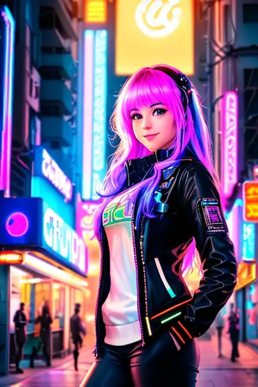 Prompt: [award winning photo portrait of a cute smile girl standing outside a cyberpunk neon city street:award winning photo of a cyborg, bundle of glowing fiber optic cables:0.2], epic realistic, art, (hdr:1.2), (muted colors:1.2), pastel, hyperdetailed, (artstation:1.5), warm lights, dramatic light, (intricate details:1.2), vignette, complex background