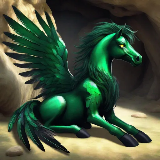 Prompt:  twisted pegasus animatronic hybrid, with focused emerald eyes. They identify as a Male. Emerald colored feathery wings and tail. dark Green ombre mane and tail. UHD, HD, 4K, green haze, green and black coat, anime, lying down in a cave, asleep, resting