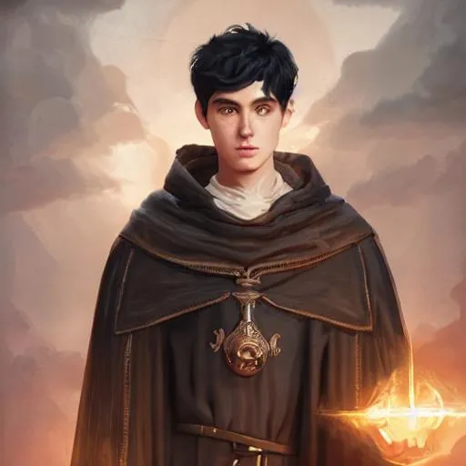 Prompt: Portrait of a stargazing 28 year old male cleric with black hair and with cute face, wearing black robe, fantasy background, perfect composition, hyperrealistic, full shot, super detailed, 8k, high quality, trending art, trending on artstation, sharp focus, studio photo, intricate details, highly detailed, by greg rutkowski