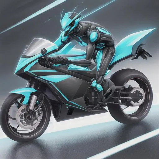 Prompt: Futuristic robot, agile, dangerous, cyan, realistic, exposed mechanics, strong, full body picture, riding motorcycle