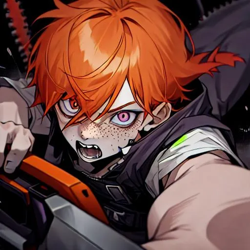 Prompt: Erikku male adult (short ginger hair, freckles, right eye blue left eye purple) UHD, 8K, Highly detailed, insane detail, best quality, high quality, fighting with a chainsaw