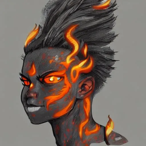 Prompt: A Fire Genasi with coal-like skin and flames for hair