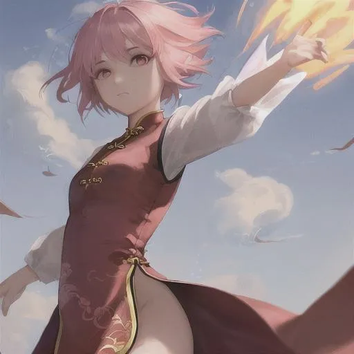 Prompt: incredibly detailed picture of a Chinese girl with short pink hair with a wind element flying in the air