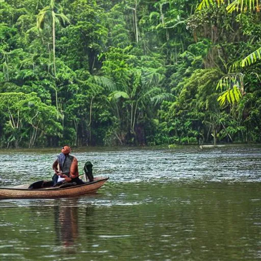 Prompt: Amazon forest with river some beautiful birds, animals, rears tree and a man on boat or a good place sun