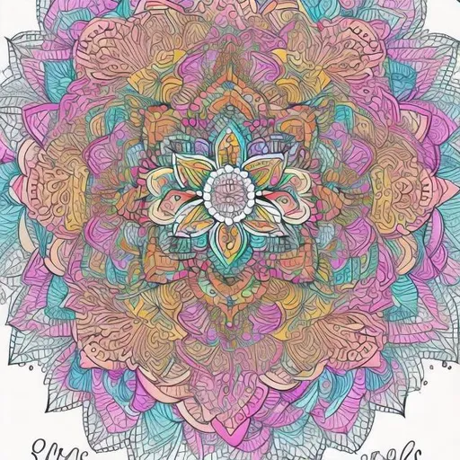 Prompt: Mandala coloring book cover with bright colors