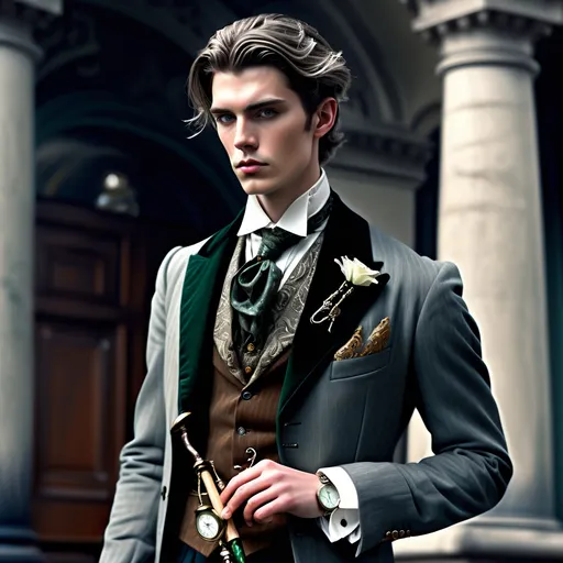 Prompt: Photorealistic eternally young Victorian gentleman in his 20s
, based off Dorian Grey immaculate tailored suit with subtle clockwork embroidery, ornate pocket watch that ages while he doesn't, jade and silver walking stick, perfect complexion with haunted eyes, luxurious and stylish clothing, bit of dandy but immensely attractive using the young Pierce Brosan as a visual reference