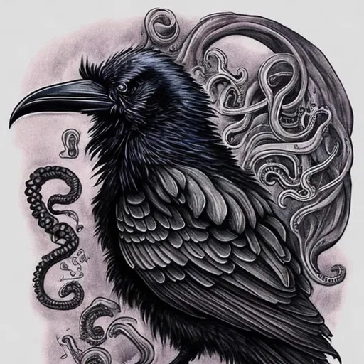 Prompt: lovecraftian style raven bird tattoo
