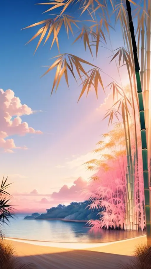 Prompt: mainly bamboo, landscape, aesthetic, soft lighting, golden hour, tan, blue, white, high res, pink, dreamy