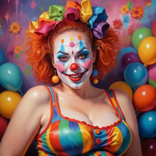 Prompt: Beautiful pregnant clown woman in shapewear, oil painting, vibrant colors, realistic portrait, detailed facial features, professional, high quality, artistic, colorful, bright lighting, vibrant tones, detailed textures, realistic portrayal, pregnancy glow, clown makeup, shapewear, happy expression, floral background, highres, vibrant, oil painting, detailed portrait, vivid colors, professional lighting