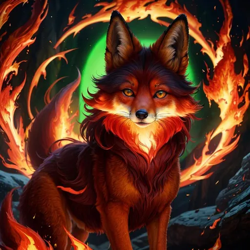 Prompt: (8k, 3D, UHD, ultra sharp, very detailed, masterpiece, detailed oil painting) portrait of fire elemental ((fox)), (canine quadruped), adolescent female, silky crimson-red fur, emerald green eyes, 8k eyes, youthful, lively, lithe, black fur highlights, long silky hair on crest, (plump), plump figure, umber red mane, solid red belly, beautiful charming grin, graceful, by Anne Stokes, by Yuino Chiri,, {heterochromia with amber and green eyes}, vivid colors, vibrant, beautiful blunt nose, global illumination, wispy brown ears, wispy ruby-red mane flowers on fur, snow-capped trees, complementary colors, cinematic, forest, rows of pink blossoming sakura trees, billowing mane, professional, unreal engine, dynamic, highly detailed, detailed smiling face, 4k, 64k, UHD