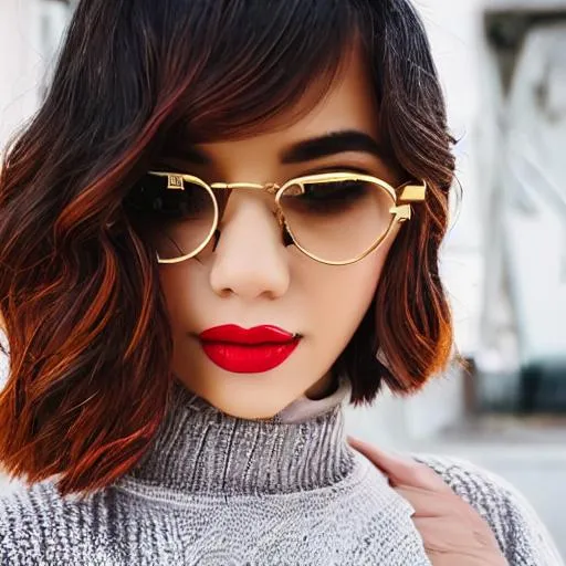 Prompt: beautiful girl with short hair colored with light colors, very beautiful and hyper detailed, soft and hydrated lips, slight smile on her face, golden glasses, she wears a beautiful black bore hyper detailed with the words "pop", wears long and wide pants and sneakers white with hyper detailed red accents, best image