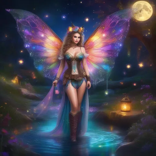 Prompt: Wide angle.  Whole body showing. Photo real. Detailed Illustration.  Beautiful, buxom woman with broad hips and incredible bright eyes, standing next to a stream on a breathtaking, colorful starry night. Wearing a colorful, translucent, sparkling, dangling, skimpy, gossamer, sheer, flowing, steam punk, Witch style, fairy outfit with distinct wings. With winged fae flying about.