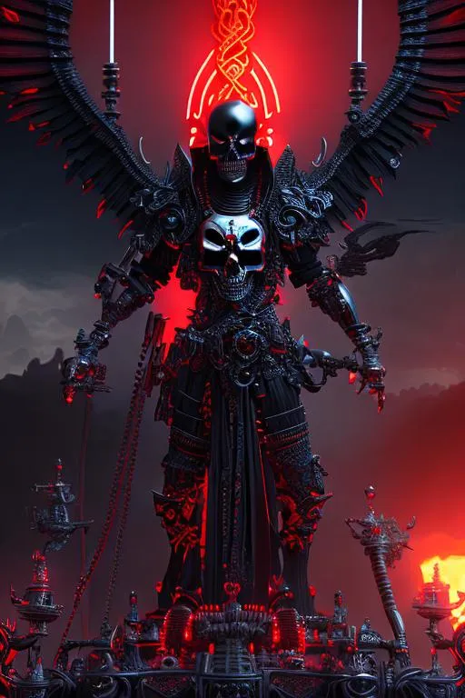 Prompt: Film Noir style full body majestic ornate matte black cyberpunk cyborg skull Pirate king with glowing red eyes, standing on an ominous pirate ship with sea in the background, 3D octane render, metal gear integrated with skull and bones, biomechanical futuristic body body, highly detailed symmetrical face, creative masterpiece by james jean, Patrick Woodroffe, carved ivory and rusted heraldic metal armor, grimdark, dark reflections, leather, gears, beautiful gradient, depth of field,  neoprene, behance contest winner, portrait featured on unsplash, stylized digital art, smooth, TanvirTamim, ultra high definition, 8k, unreal engine 5, ultra sharp focus, intricate artwork masterpiece, ominous, epic, trending on artstation, Epic cinematic brilliant stunning intricate meticulously detailed dramatic atmospheric maximalist digital matte painting