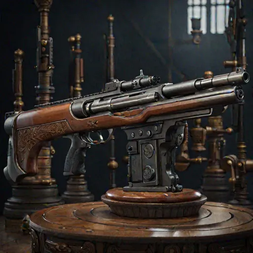 Prompt: Zoomed out Product photo of an Arcane Shotgun with a round drum magazine on a weapon stand, Highly Detailed, 4k quality, Design inspired by Dungeons and Dragons, ultra-detail, sharp look, High-Texture Blender, Unreal engine, hyper realistic, photorealistic, photograph, unreal engine render, one gun