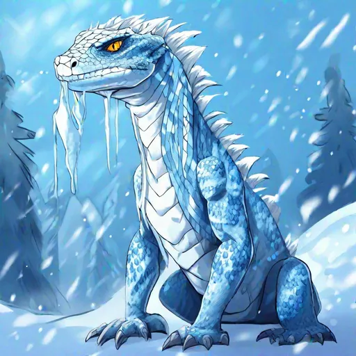 Prompt: (in dripping art style) Snow-on-Scales, A fur-less, cold-blooded reptile with icy blue eyes that comes from the frozen, far-north, and in-all-likelihood legendary continent of Atmora? Bah. I refuse to believe it., dripping ice fire, Masterpiece, Best Quality 