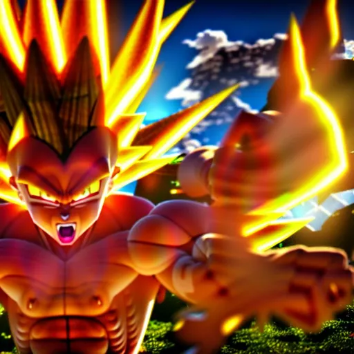 Prompt:  Extremely detailed super saiyan five, HDR, UHD, 64K, highly detailed big cross, rhads, global illumination, forest, akira toriyama, crystals explosion 