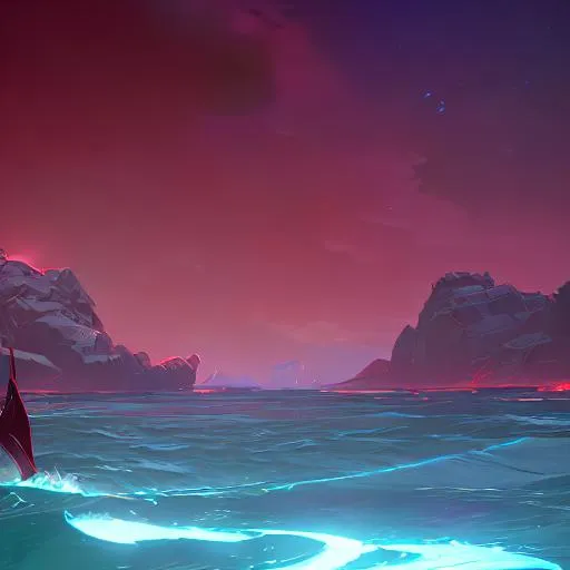 Prompt: crimson waves across the sea. the night blew cold and vigorous air. the star shine bright with envious light. to rid the world from all it's plight.