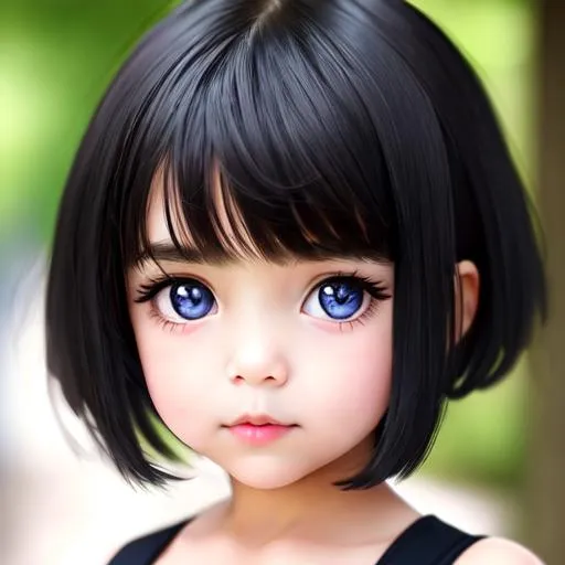 Prompt: little girl with black hair and big hazel eye and one dark blue eye, darker colors