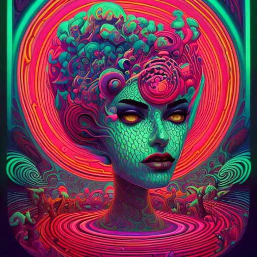 Prompt: Hypnotic illustration of masoumeh hadian , hypnotic psychedelic art, pop surrealism, dark glow neon paint, mystical, Behance 