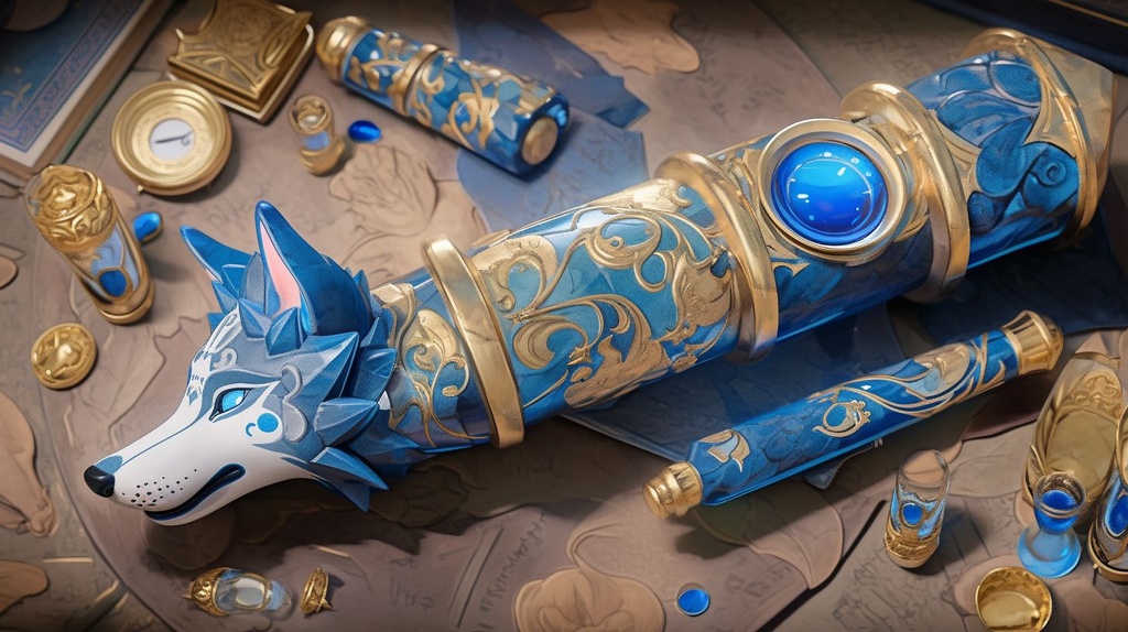 Prompt: a ghostly blue Kazoo themed with the infinity stones, glows blue, gem an inate design, gold inlay, high shine, sitting in the middle of a dungeon filled with gold, carvings on the wall contain huskies --upbeta --niji 5 --style expressive --ar 16:9