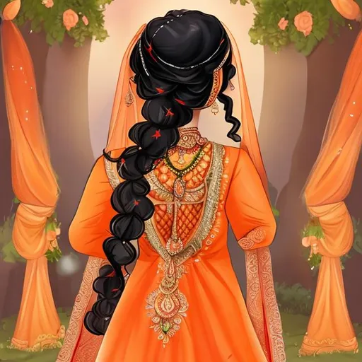 Prompt: Cartoon pic of the back of  Pakistani bride wearing long orange shirt with long hairs standing (do not show the face)
