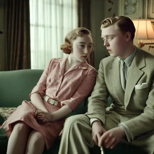 Prompt: Saoirse Ronan and Jack Lowden a 1950s era couple smoking cigarettes and drinking vodka while on the couch watching TV.