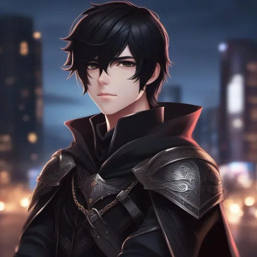 Prompt: Human Emo, Cute, Male, 18 years old, 8k, Dynamic Lights, Dark colors, City background, Hyper detailed, Detailed face, Detailed Gauntlet, Black Medieval Armor Somewhat Close-up Headshot, Wearing a Cape, Black hair, Mid-Length, Dark Eyes