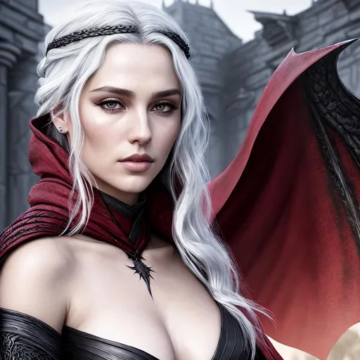 Prompt: Young and Beautiful，Rhaenyra Targaryen, 《House of the Dragon》, Character Design, Fantasy, Ancient, black and red cloak, white hair, full-body picture, smooth soft skin, natural skin texture, soft lighting, detailed face, photo realism, hyper realistic, looking into camera, photorealistic professional painting, sharp focus, 8k, perfect composition, trending on artstation, award-winning photograph, unreal engine 5, cinematic smooth, intricate detail, studio photo, film style, highly detailed. simple background.