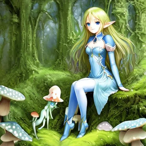 Prompt: very beautiful little  elf child , smiling, perfect blue eyes , eye contact, perfect face, perfect body dressed as a princes , sitting on a mushroom. anatomic correct no bad fingers no bad feet...2 legs and 2 arms matte painting Android Jones, Jean Baptiste monge, Alberto Seveso, James Jean, Jeremy Mann,  8K photo realistic highly detailled