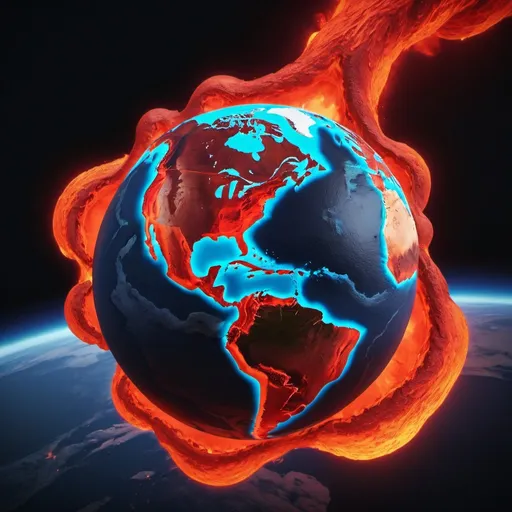 Prompt: the earth with blue and red lava, real cinematic experience