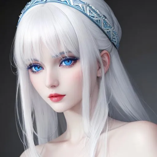 Prompt: A very pale  skinned woman, white hair , very blue eyes, closeup