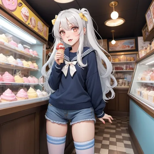 Prompt: anime girl with long flowy silver white hair that has candy and strawberries in it and golden yellow eyes in a cute lolita sailor blue sweater and jeans shorts with fishnets and yellow and brown flannel leg warmers doing dynamic poses in an interesting fish eye perspective next to an ice cream parlor leaning against a display case of ice cream