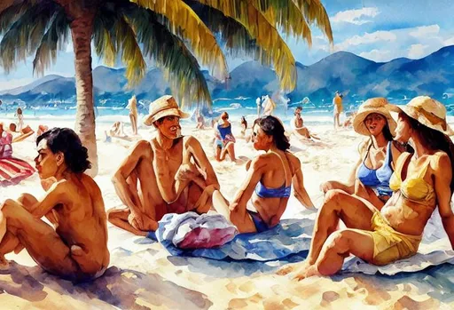 Prompt: A beautiful painting of a group of people on a Ipanema beach.  The people are all engaged in different activities, from reading to playing games, and the artwork seems to be capturing a moment of peace and relaxation. by Cândido Portinari, by Tarsila do Amaral

watercolor, 8k, trading on art station