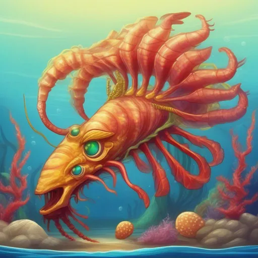 Prompt: Sea Monster, red shrimp-like tail, really long red antennae, yellow mane and seashells, blue forehead orb, yellow-green eyes, masterpiece, best quality, in cartoon style
