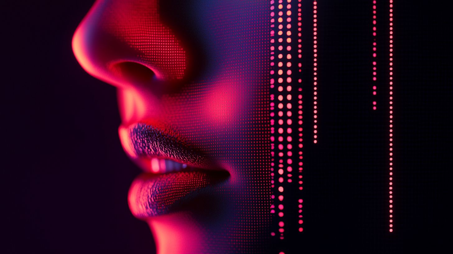 Prompt: 3d female face emerge from the digital dot matrix with variable colors