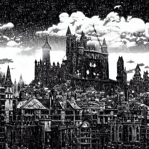 Prompt: Anime medieval skyline retro rainy black and white
