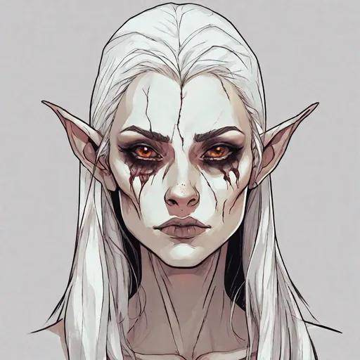 Prompt: Character illustration of a sinister female elf revenant looking for vengeance. She has a beautiful face ruined by death. She has a brutal scar through one eye. Her eyes are white. She has sunken eyes and hollow cheeks. She looks starved. She is pale and pallid with a deathly pallor. She is skinny and bony. Her hair is white. Her ornate heavy armour is silver but looks ancient and weathered, rusted in places.  She looks mysterious and sinister. She is surrounded by shadows, gloom, and ghosts. Fantasy art with a gothic horror style. The art style is dark and dramatic, with high contrast. Ultra high definition image. HD. Professional art. 