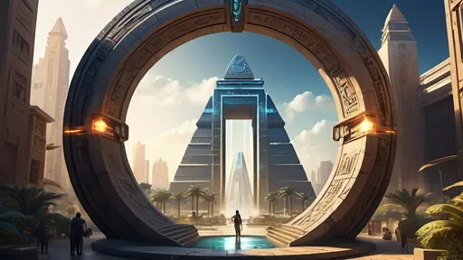 Prompt: magical portal between cities realms worlds kingdoms, circular portal, ring standing on edge, upright ring, freestanding ring, hieroglyphs on ring, complete ring, ancient egyptian architecture, gardens, hotels, office buildings, shopping malls, fountains, large wide-open city plaza, panoramic view, night, futuristic cyberpunk dystopian setting