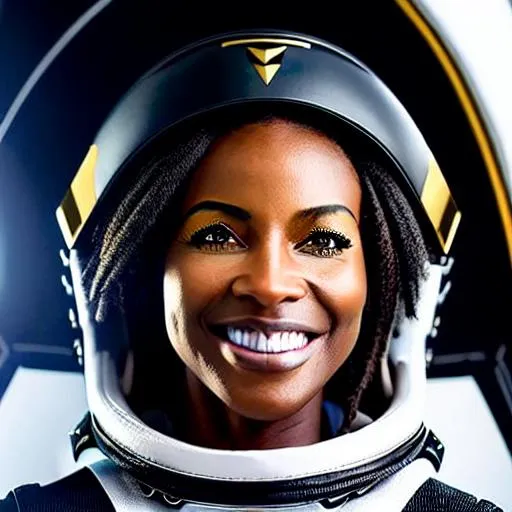 Prompt: (Hyperrealistic highly detailed sharp photography of ebonian woman pilot in spaceship cockpit) Young, beautiful, strong-willed, determined eyes, confident, happy, excited, modern grey uniform, tribal golden headband, half-helmet with visor, signing "ok", smiling.
Runic cockpit. Black and gold bird-shaped spaceship. 